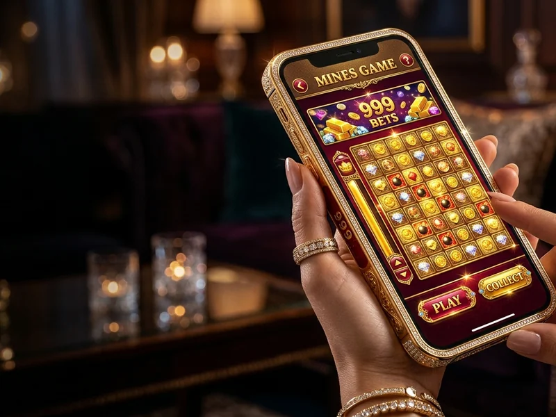Smartphone exibindo o jogo Mines, com a opção de download do aplicativo 999 Bets, destacando a mobilidade e o design responsivo.